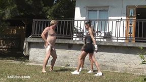 Dyanna and Tatjana are playing in the garden! Ballbusting mp4