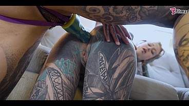 Burlesque tattoo beauty with big boobs gives anal fuck with strap-on (goth, punk, alt porn) ZF033