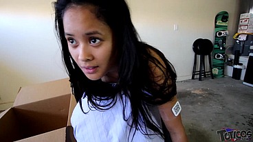 Asian teen midget with QR code arrives by mail