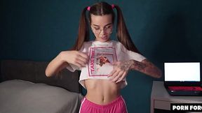18 yo teen with pigtails & glasses withstands rough painful anal sex