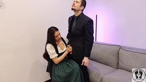 ana spears jerks off her boss s dick cum on dirndl apron