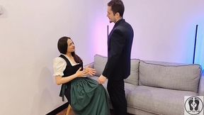 ana spears jerks off her boss s dick cum on dirndl apron