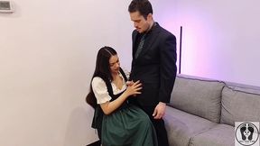 ana spears jerks off her boss s dick cum on dirndl apron