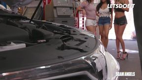 Energized chicks share car mechanic's dick