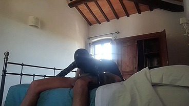 25 minutes of fetish sucking and fucking action in latex condom catsuit and high heels