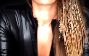 Shiny black catsuit babe masturbating