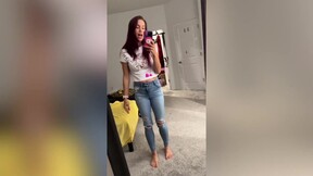 Huge boobs hot girl bare feet in jeans mirror selfie trying out new voiceover app before/after doing hair dye - Lelu Love