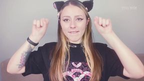 cat girl is waiting for her owner from work and stretches her pussy with giant dildo