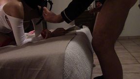bondage blowjob on white boots and nylon hood, ring mouth gag and oral creampie