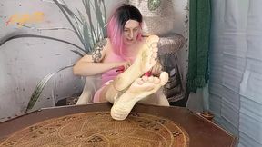 Lady Angela Is Doing Make up While You Stare at Her Dirty Feet MILF Foot Tattoo Pink Hair Pedicured Toes Dirty Soles Foot Fetish