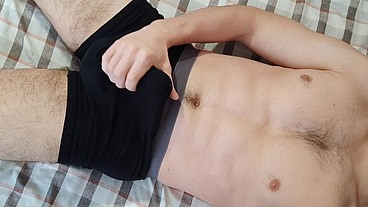 Muscular handsome guy in black briefs started to excite his balls and his big cock Alex Huff