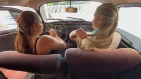 Barbara take a ride in the Volkswagen beetle