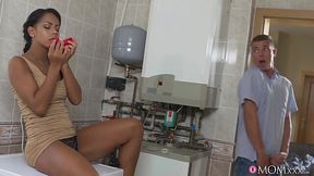 Stunning and aroused ebony slut gets masturbating by her stepson and ends up getting his hard cock