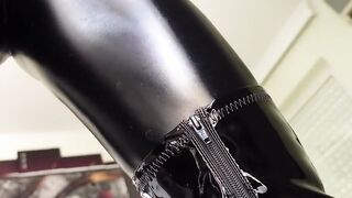 Turned On leather MILF into slim leather outfit screwed and jizzed