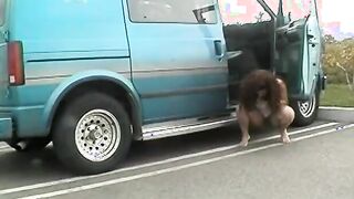 Lucky old guy fucks Goddess hispanic inside open van inside parking lot