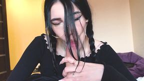 beatiful teen in glasses doing very sensual & sloppy blowjob to her older stepbrother, what a sexy slut