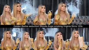 Golden Barbie seduction Blonde Angie smoking Virginia Slims 120s wearing golden makeup, golden gloves and golden top
