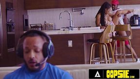 Buxom ebony Kira Noir fucked behind her gamer hubby