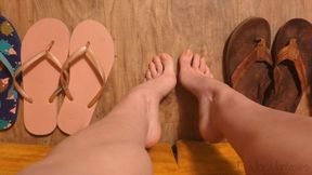 Fifi tries to walk on slippery slimy floor with smooth bottom flip flops