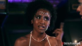 Tattooed slut in high heels seduces and fucks fit ebony