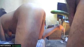 cucumber & cock fucked - she gets anal creampie