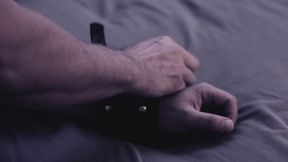 Slave tied to bed and made to cum in femdom handjob