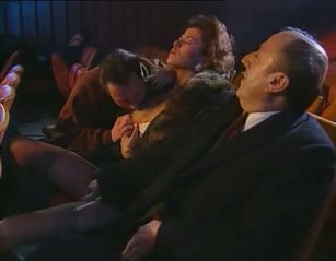 Mature amateur bitch enjoys gangbang sex in a cinema