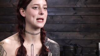 Tattooed bound babe whipped and gagged with a dick on a stick