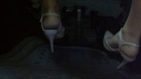 Mrs M drives hard and fast 2! with business skirt, beige office heels and stockings!