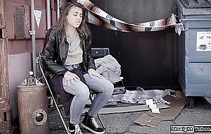 Babe teaches homeless girl to lick pussy and dominates her