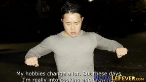 Muscular Asian Kosuke plays with his tight ass while tugging his big dick