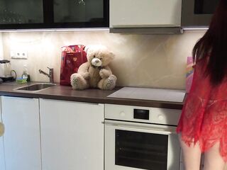 Hawt hot redhead college angel with her lengthy legs and cotton pants in the kitchen gets bored and ignored