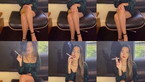 Smoking a misty 120s in a sparkling green minidress