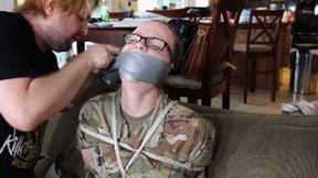 Private Summer gets overpowered by a civilian and tightly hogtied and wraparound tape gagged!