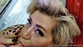 hot russian granny in a leopard costume smokes and talks about life until she starts sucking a young lover s dick