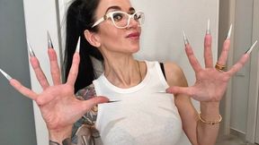 Finger snapping and sucking fingers with long nails, white glasses and face
