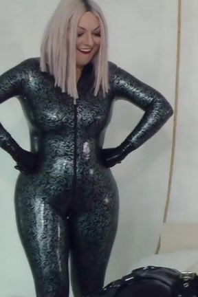 Pet Play with Heavy Rubber Fetish. Shiny Mistress in Latex Catsuit and Her Submissive. Positive Femdom.