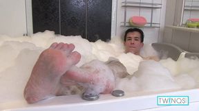 Blonde bimbo Xander gets his hairy ass&#x1F351; ravaged by fingers then wanks off in bathwater