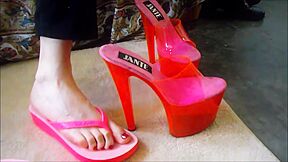 Sexy Blonde Replaces Her Pink Flip Flops With Attractive High Heel Shoes In The Same Colour