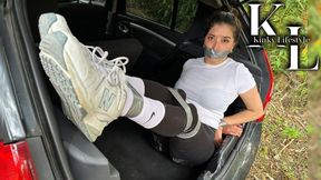 A Jog at the Park: Simona Caught in the Trunk (Roleplay, Duct Tape Bondage & Gag, White Nike Crew Socks, Leggings, Hair Up, Ponytail, Car in movement, Sneakers, Struggling, Foot Fetish)