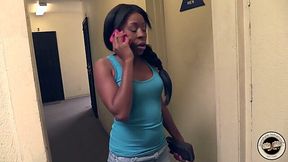 Trashy looking harlot Brie Simone sucks dick sticking out of glory hole