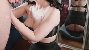 Pinup in Lingerie Gives Blowjob & Gets a Facial in Front of Mirror