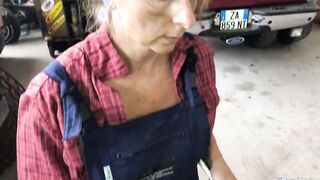 Blonde ex-wife with long titted gets blows penis inside the garage