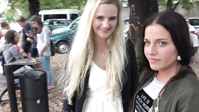 Horny dude picked up two amateur chicks in public for a quick blowjob