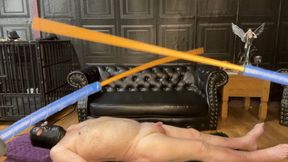 Ladies relentlessly drive their slave and audience to take a cock caning
