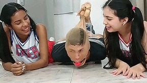 Katherine, Maria & Dario in: Football Player Pantyhosed And Hogtied On The Floor By Two Cheerleaders! (mp4)