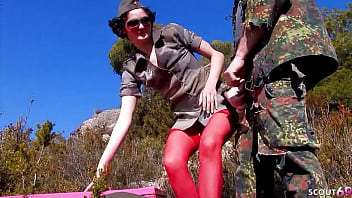 Slim Mature in Military Cosplay get Hairy Pussy and Asshole Fucked