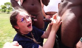 Ananastasia Bukkake with 25 guys in a public stadium