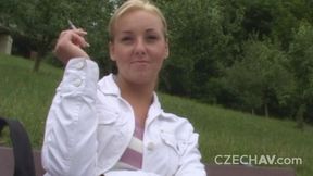 Short-haired blonde is fucking for money with a random guy
