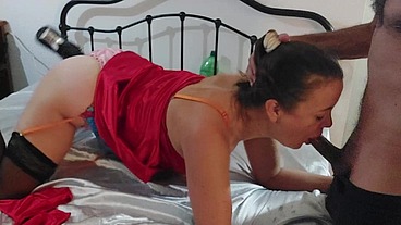 2407ss1 (01) - French Amateur, Clothed Sex, Lingerie Outfit (Garter Belt, Bra, Thong), Red Satin Tight Dress, Stockings, Heels, Rimming, Deepthroat, Pussy Fuck, Dirty Talk, Cumshot